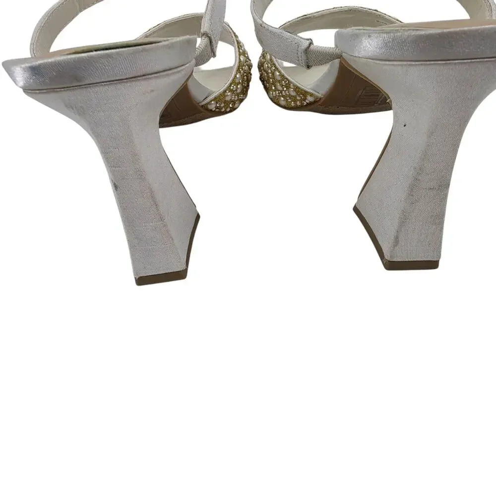 NWOT Dolce Vita White & Gold Nasia Rhinestone Pearl Slip On Sandal Heel Size 9.5